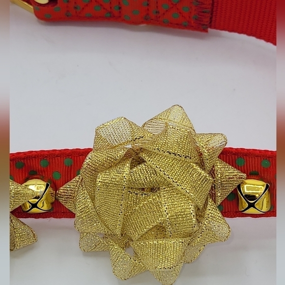 Dog Collar Jingle Bell Red Green Polkadot and Gold Bows Bells. - Picture 10 of 14